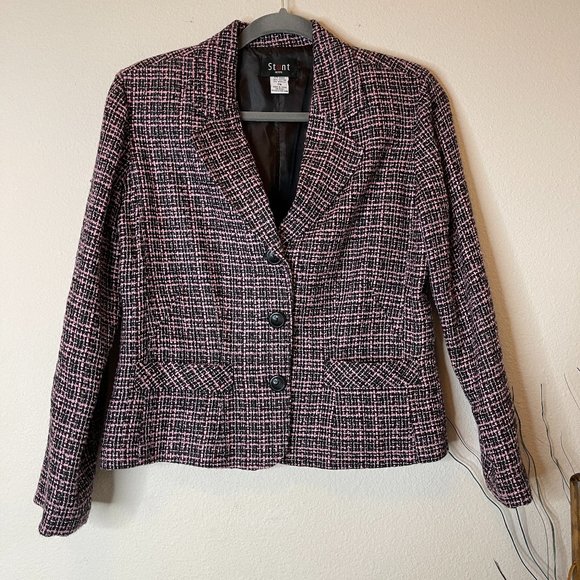 Stunt Petite Pink And Black Nubby Tweed Cotton Ramie Front Pocket Crop Blazer M - Picture 2 of 7